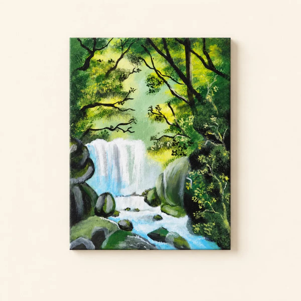 Original Forest waterfall handmade acrylic painting acrylic on canvas painting by Amanpreet Kaur