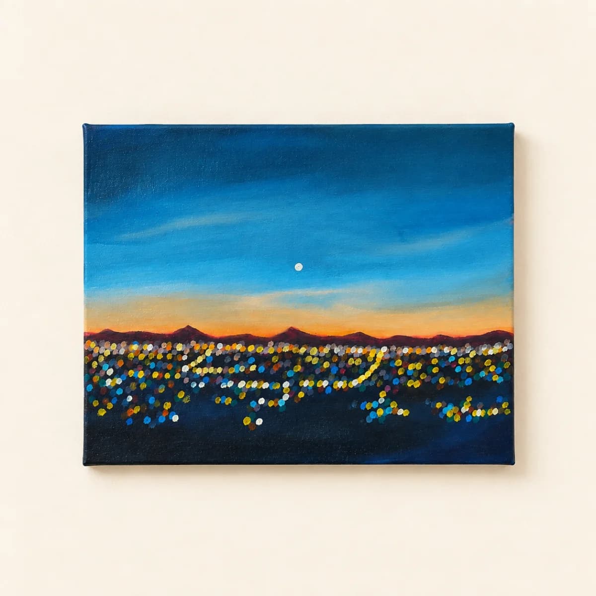 Original Colorful City Lights at Sunset | Original Acrylic Landscape Painting acrylic on canvas painting by Amanpreet Kaur