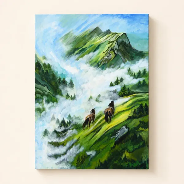 Misty Mountain Horse Landscape | Original Acrylic Painting acrylic on canvas painting detail by artwithpreet - View 3
